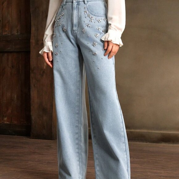 Light Wash Casual Women's Hand-Stitched Rhinestone Jeans - Picture 8 of 8